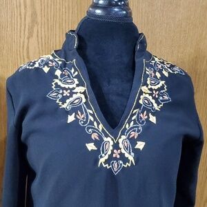 Metrostyle Black Gold Silver Embroidered Long Sleeve Tunic Top